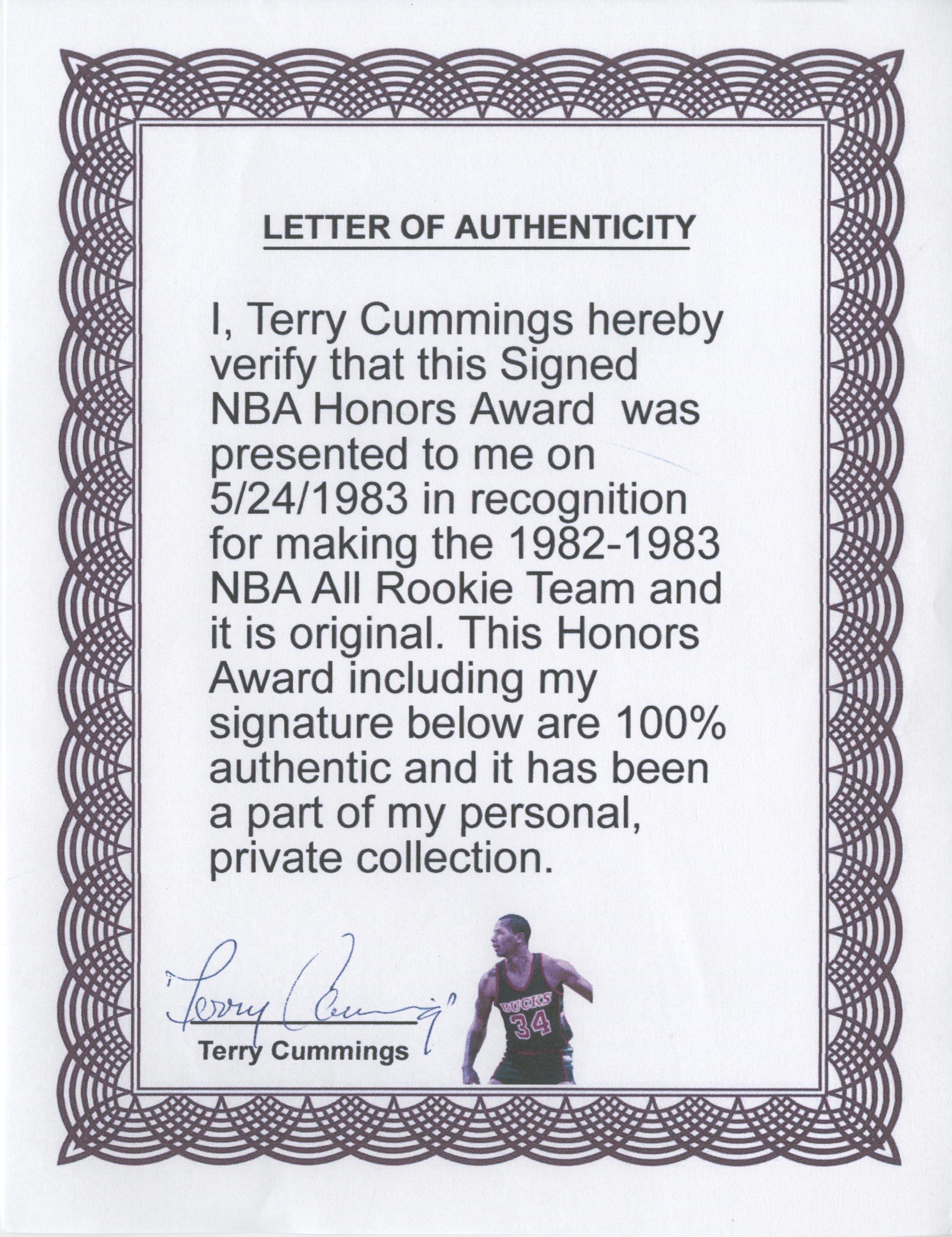 ... Terry Cummings Signed All-Rookie Team NBA Honors Award (Cummings LOA