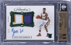 2019/20 Panini Flawless Emerald "Horizontal Patch Autographs" #22 Zion Williamson Signed Rookie Card (#5/5) - BGS GEM MINT 9.5, BGS 10