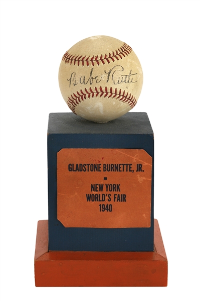1940 Babe Ruth Signed Baseball Trophy Given to the Winner of the "Typical American Family" at the 1940 New Yorks World Fair (PSA/DNA LOA)
