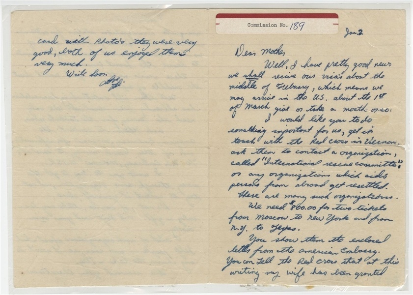 Lee Harvey Oswald Letter to His Mother from the Soviet Union (PSA/DNA) (Warren Commission Exhibit # 189)